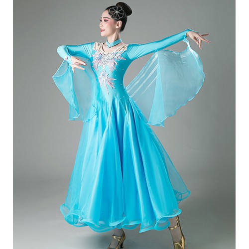 Women turquoise blue competition ballroom dancing dresses for girls with float sleeves waltz tango foxtrot smooth dance long skirt dress for female